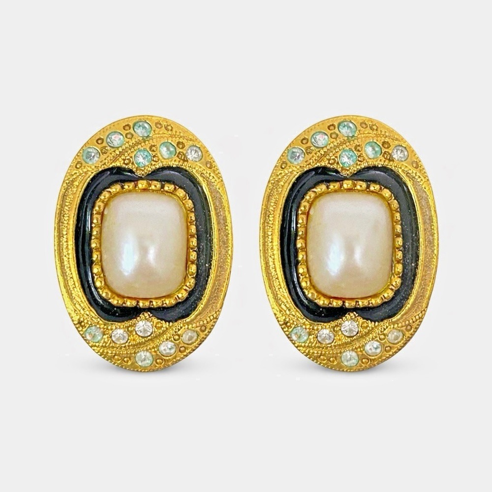 Vintage‎ Gold Tone Faux Pearl Black Enamel Rhinestone Post Earrings 1980s